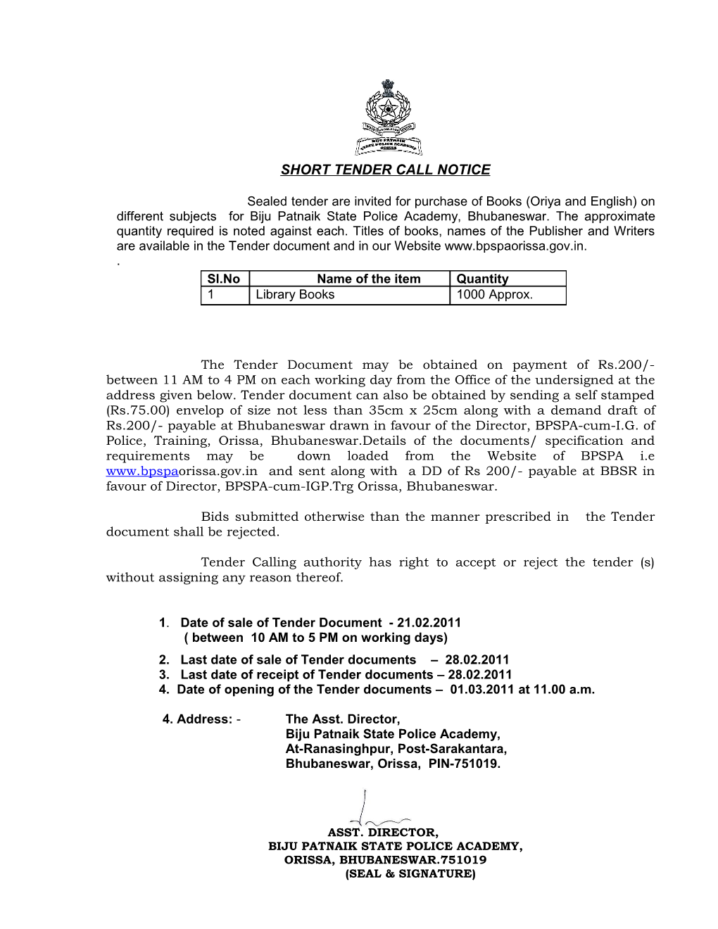 Short Tender Call Notice