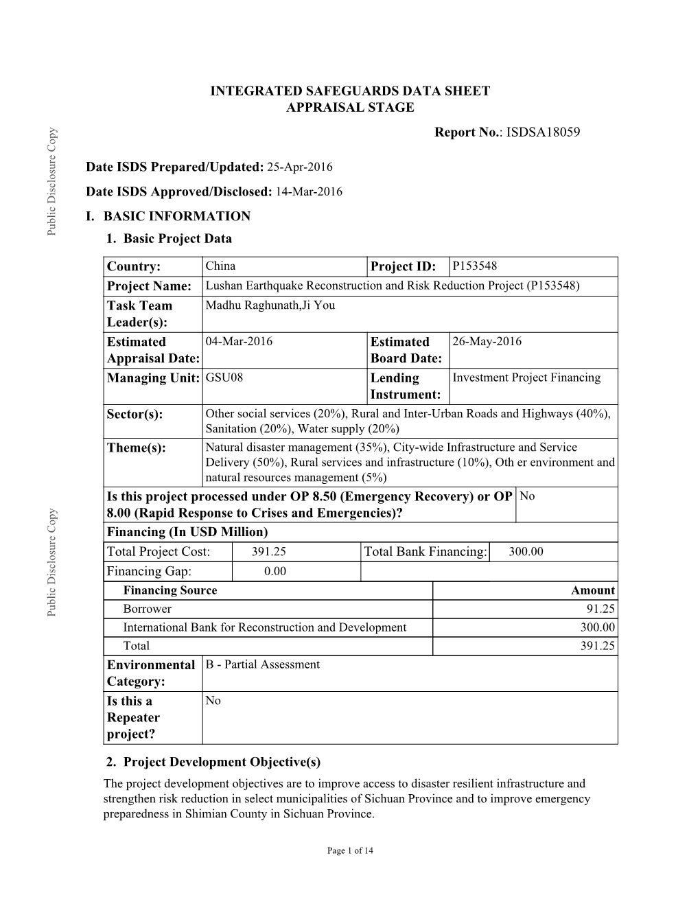 ISDSA18059 Date ISDS Prepared/Updated: 25-Apr-2016