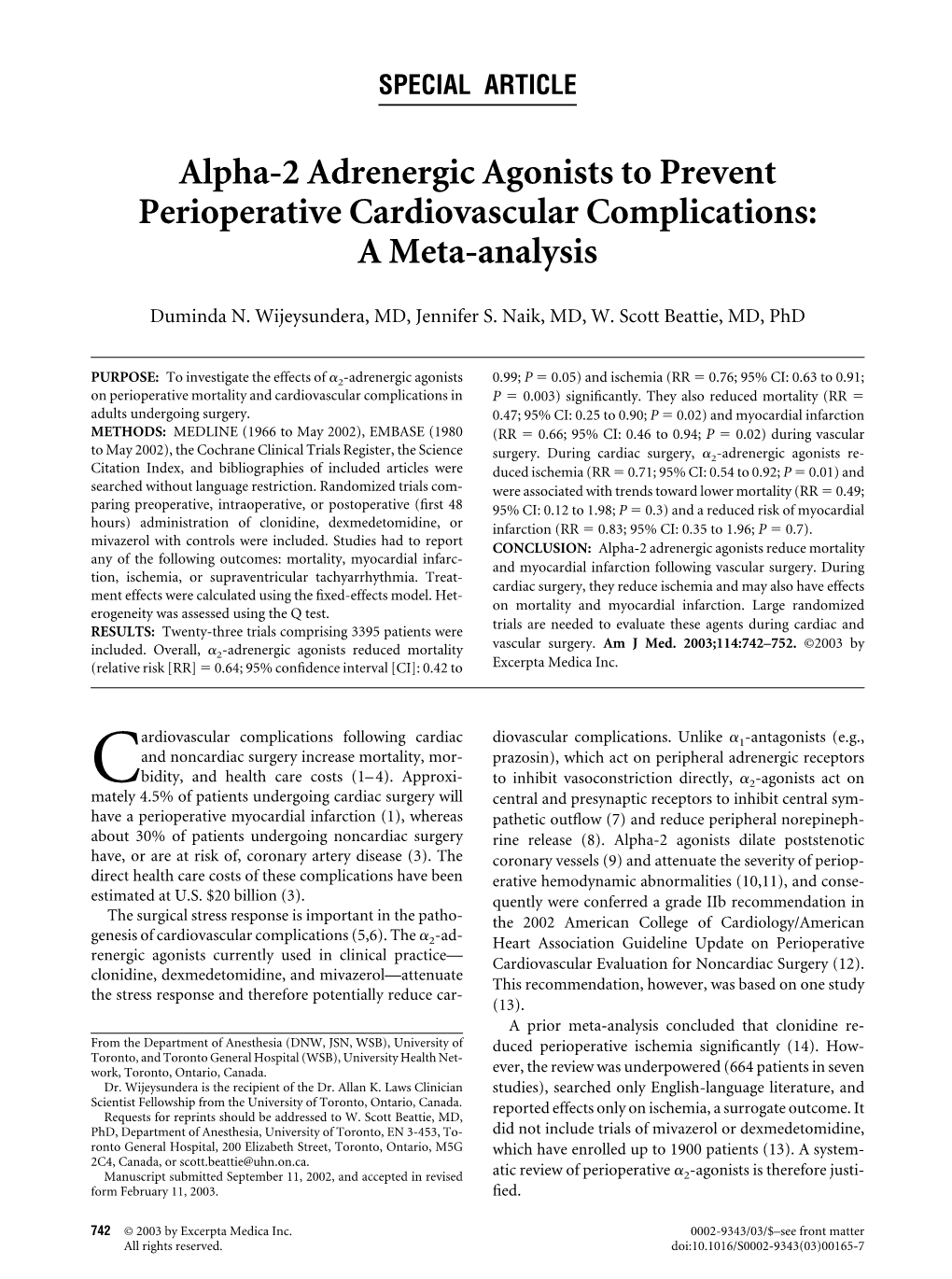 Alpha-2 Adrenergic Agonists to Prevent Perioperative Cardiovascular Complications: a Meta-Analysis