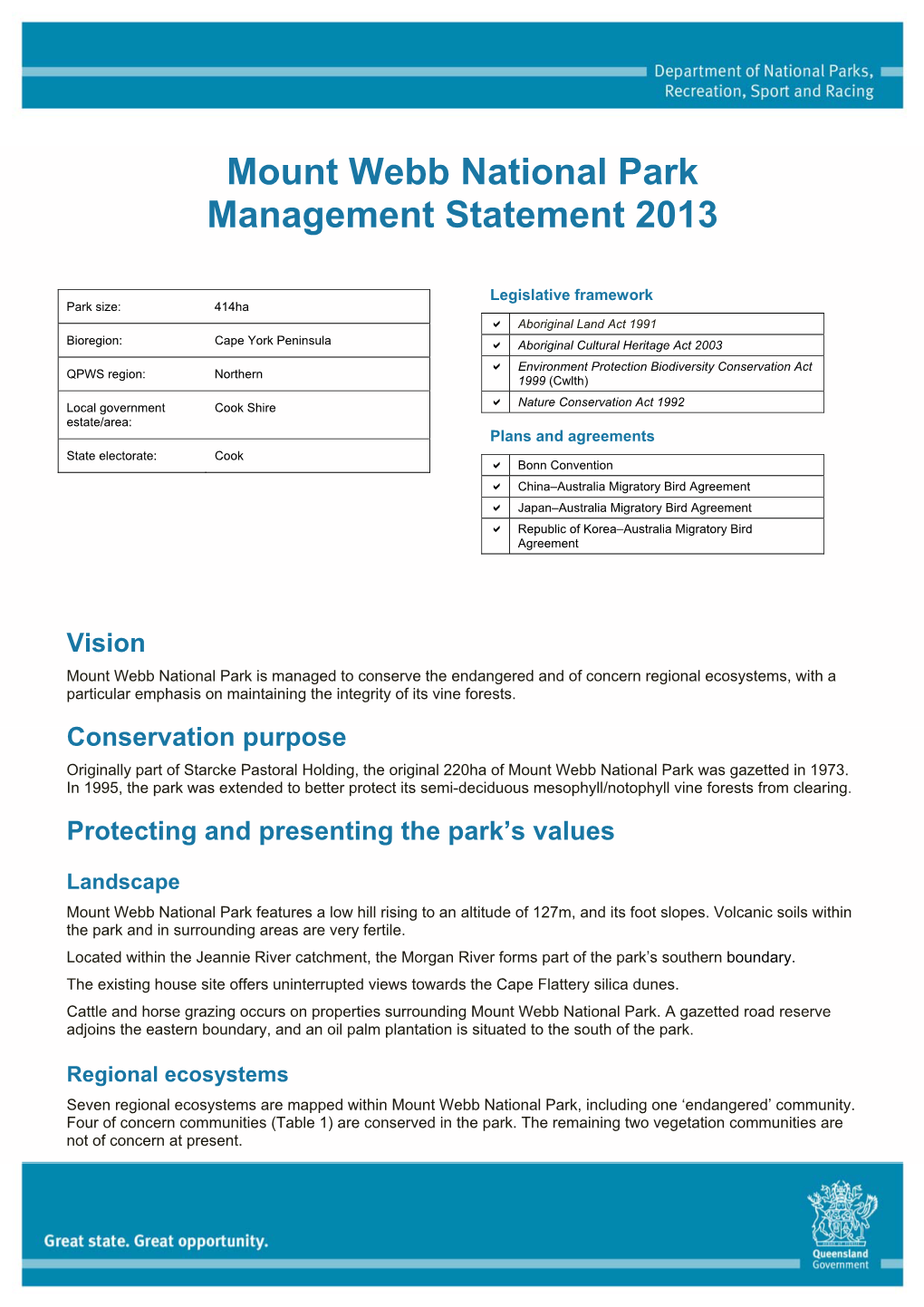 Mount Webb National Park Management Statement 2013