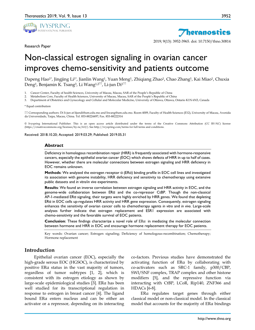 Theranostics Non-Classical Estrogen Signaling in Ovarian Cancer