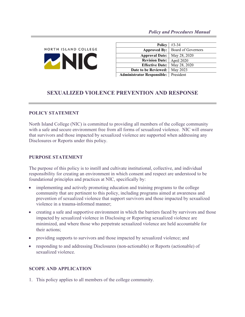 NIC Policy #3-34 Sexual Violence and Misconduct