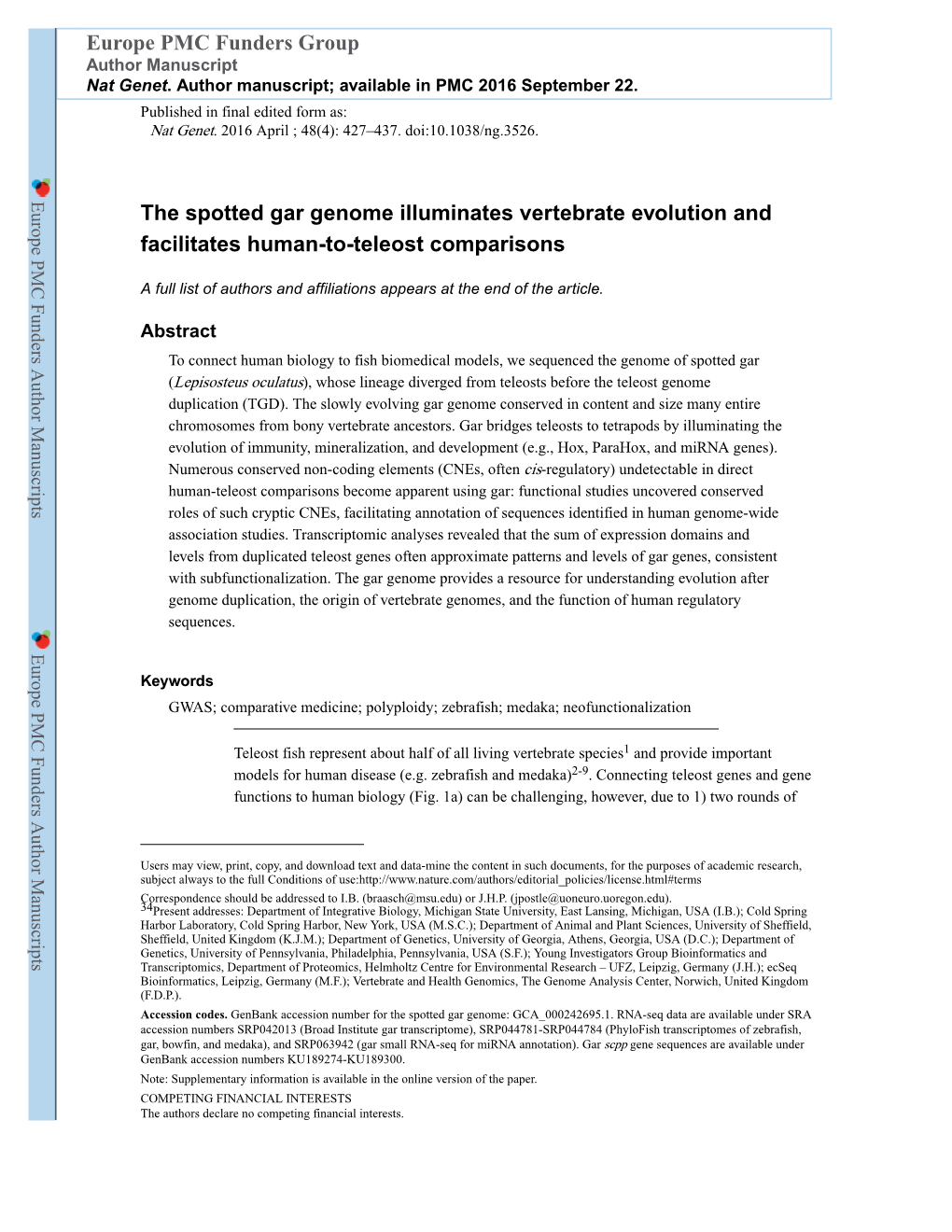 The Spotted Gar Genome Illuminates Vertebrate Evolution and Facilitates Human-To-Teleost Comparisons