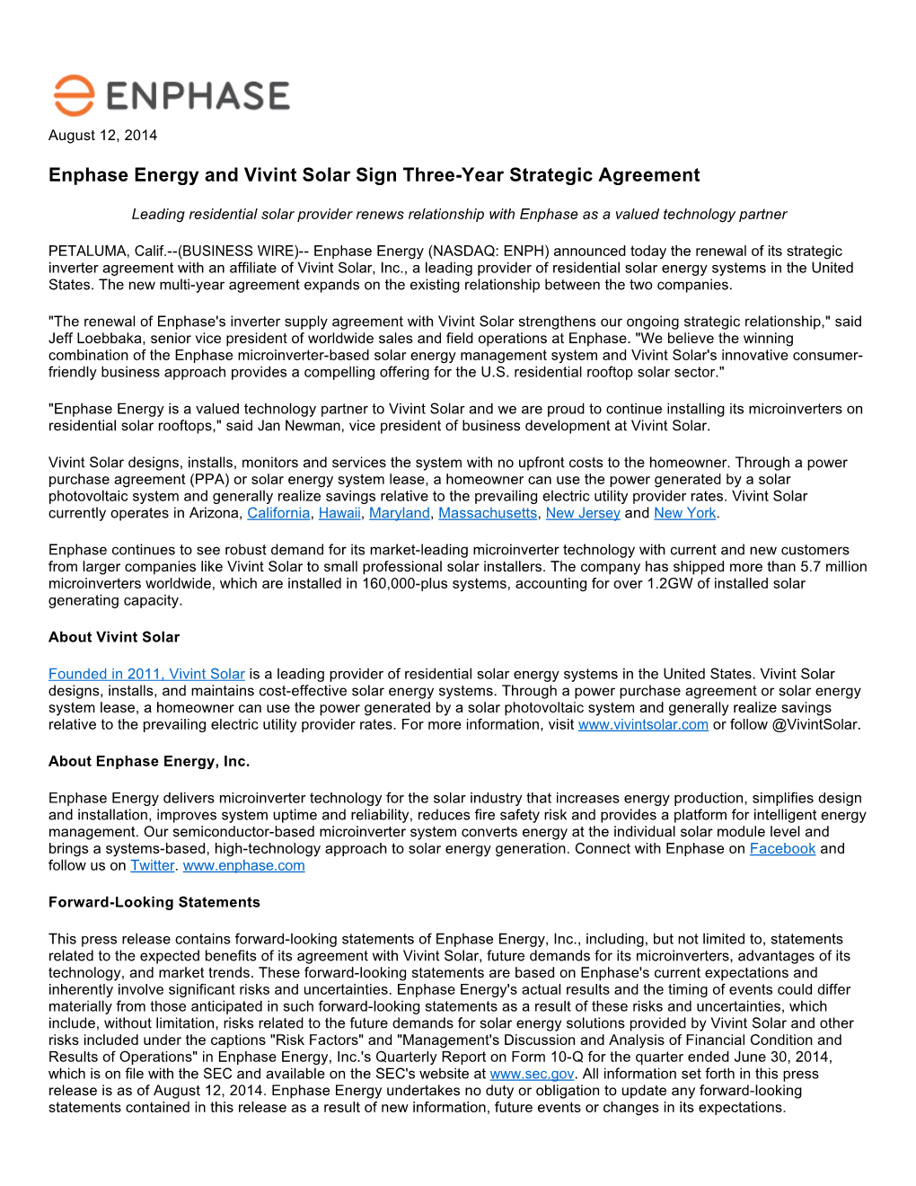 Enphase Energy and Vivint Solar Sign Three-Year Strategic Agreement