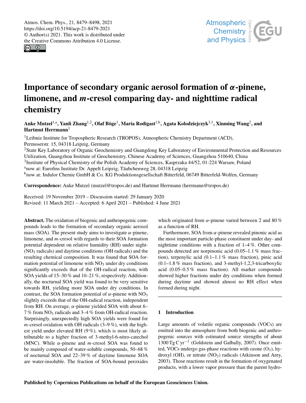 Importance of Secondary Organic Aerosol Formation of Α-Pinene, Limonene, and M-Cresol Comparing Day- and Nighttime Radical Chemistry