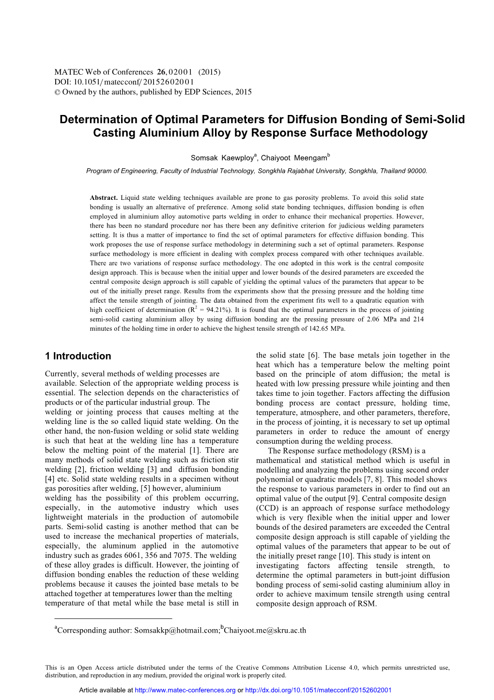 Determination of Optimal Parameters for Diffusion Bonding of Semi-Solid Casting Aluminium Alloy by Response Surface Methodology