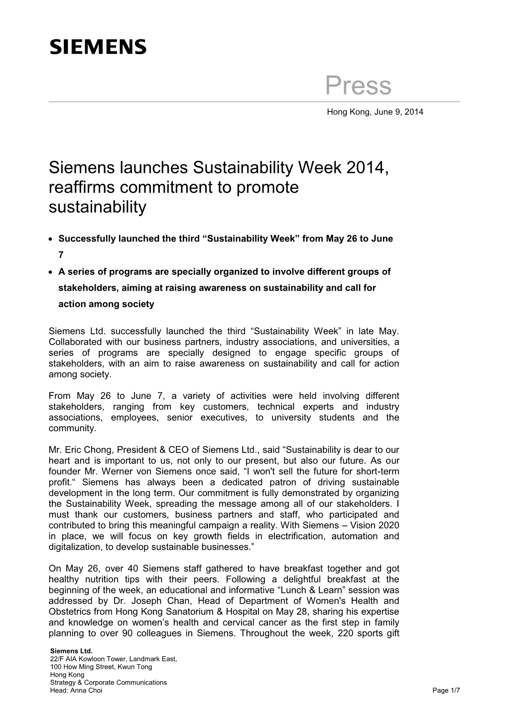 Siemens Launches Sustainability Week 2014, Reaffirms Commitment to Promote Sustainability