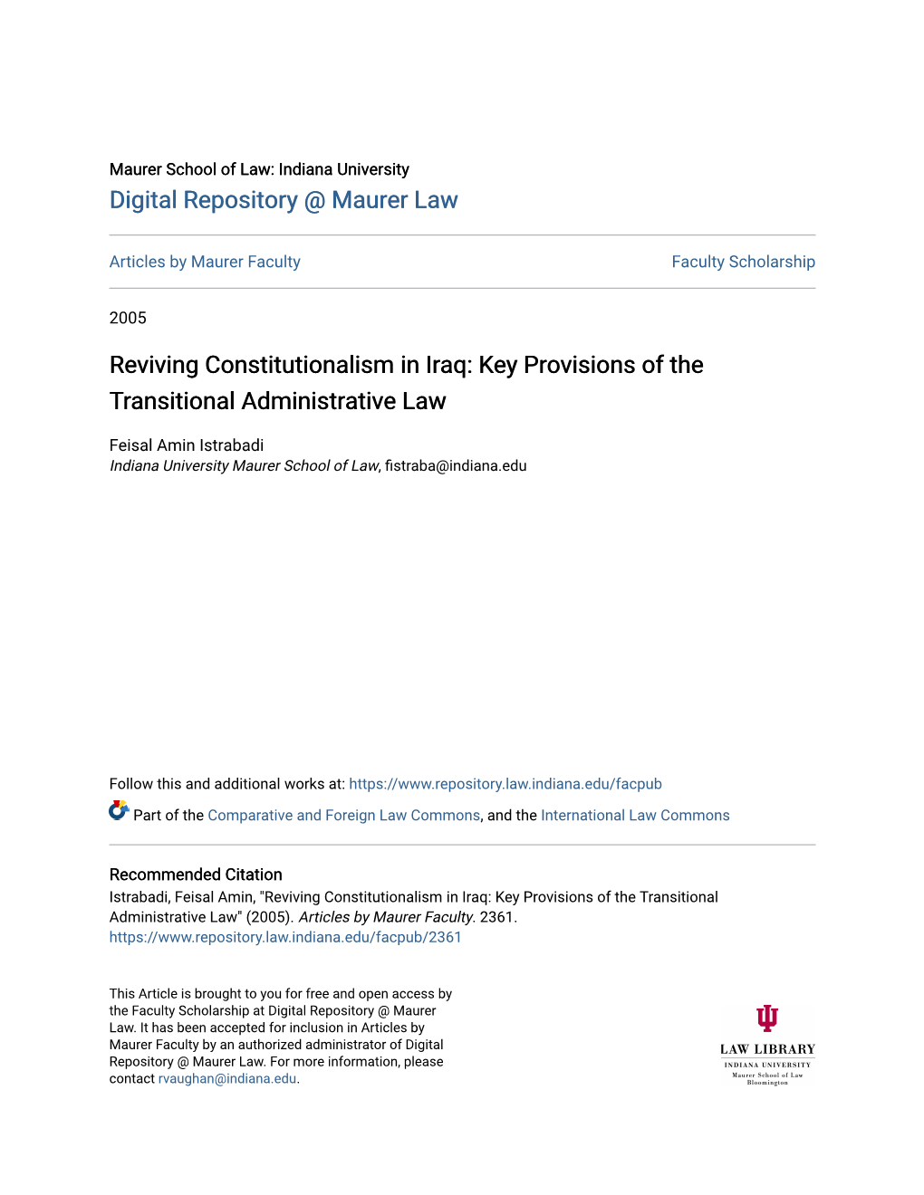 Reviving Constitutionalism in Iraq: Key Provisions of the Transitional Administrative Law