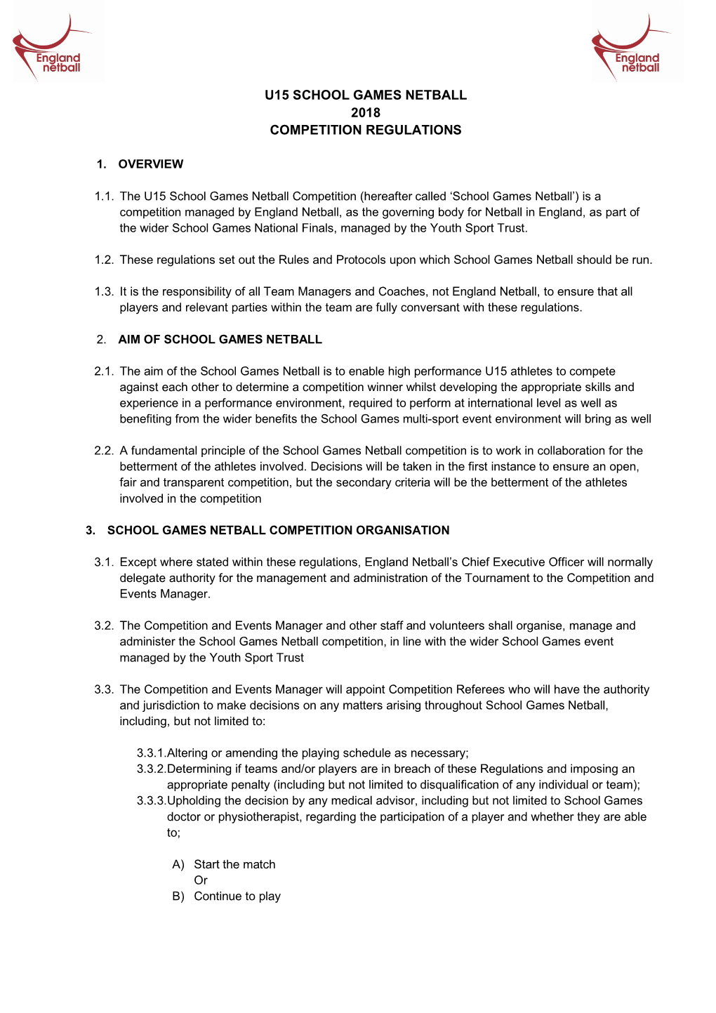 U15 School Games Netball 2018 Competition Regulations