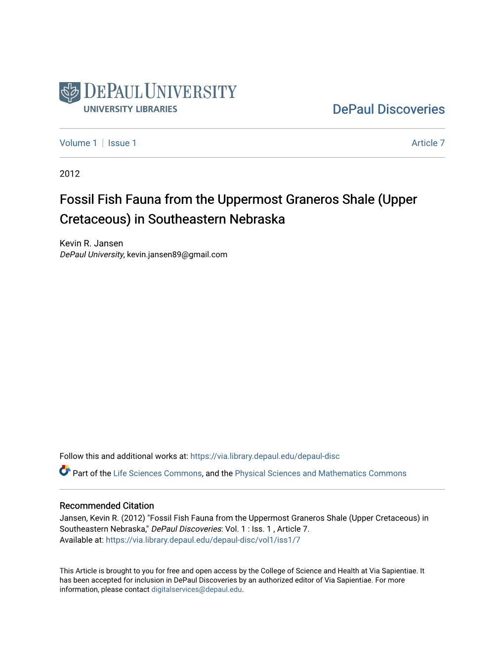 Fossil Fish Fauna from the Uppermost Graneros Shale (Upper Cretaceous) in Southeastern Nebraska