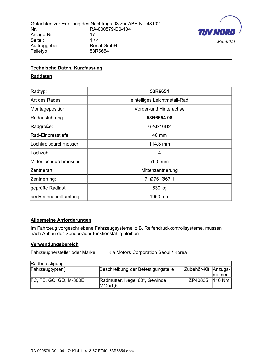 Gutachten Zur Erteilung Des Nachtrags 03 Zur ABE-Nr. 48102 Nr