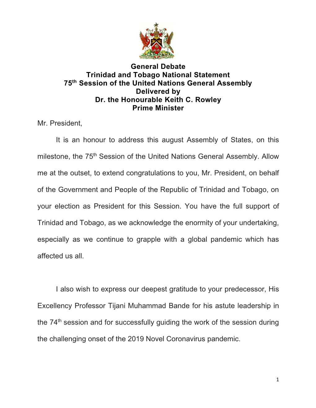 General Debate Trinidad and Tobago National Statement 75Th Session of the United Nations General Assembly Delivered by Dr