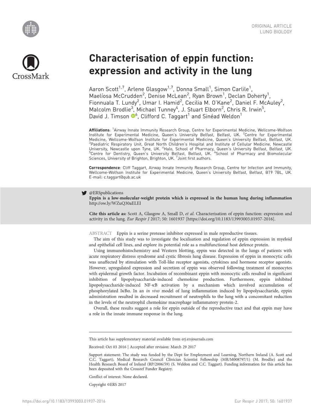 Characterisation of Eppin Function: Expression and Activity in the Lung