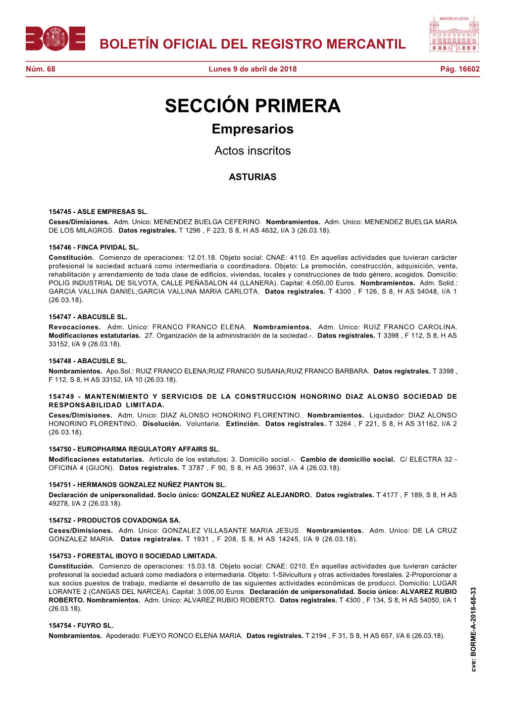 Actos De ASTURIAS Del BORME Núm. 68 De 2018