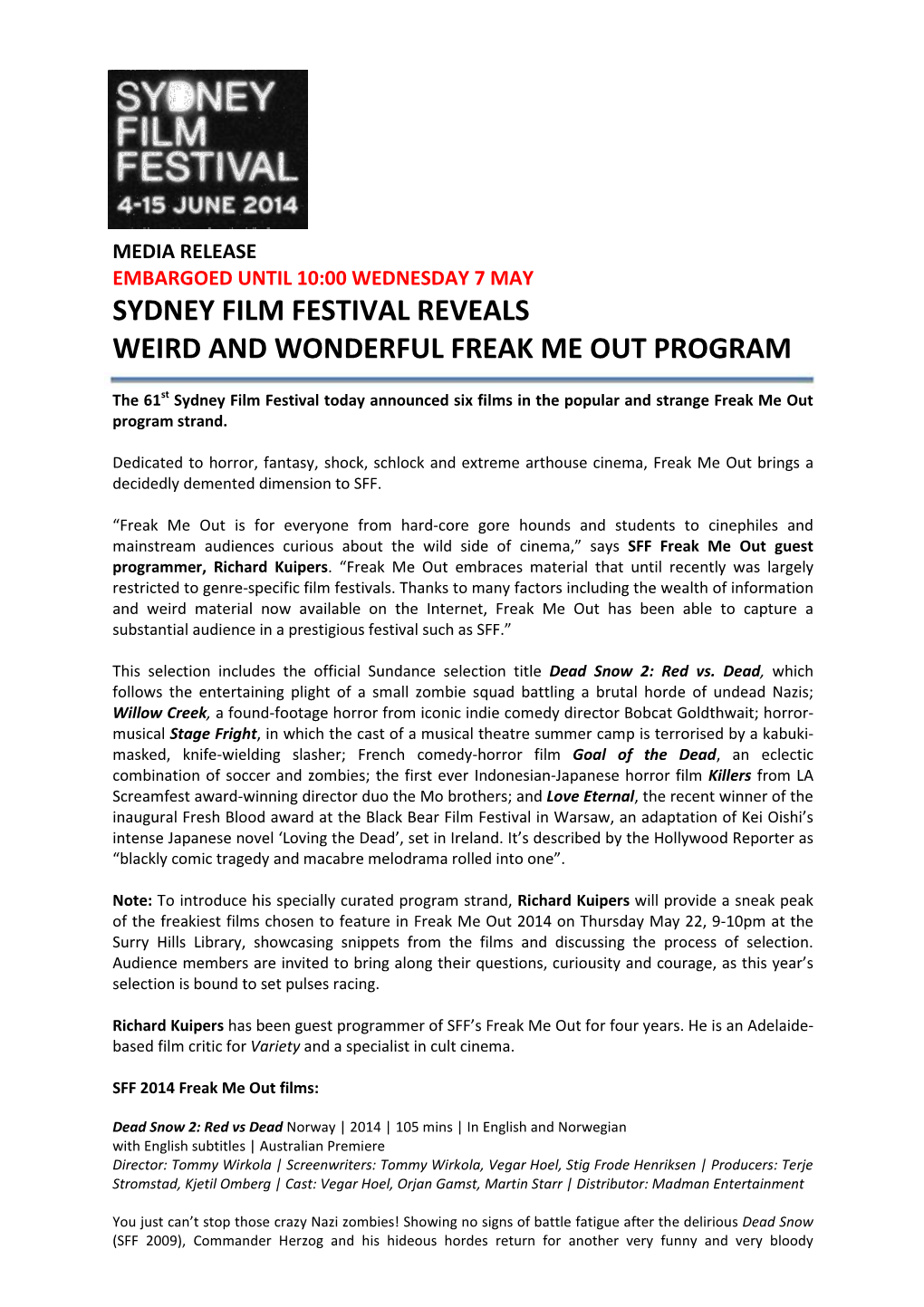 Sydney Film Festival Reveals Weird and Wonderful Freak Me out Program