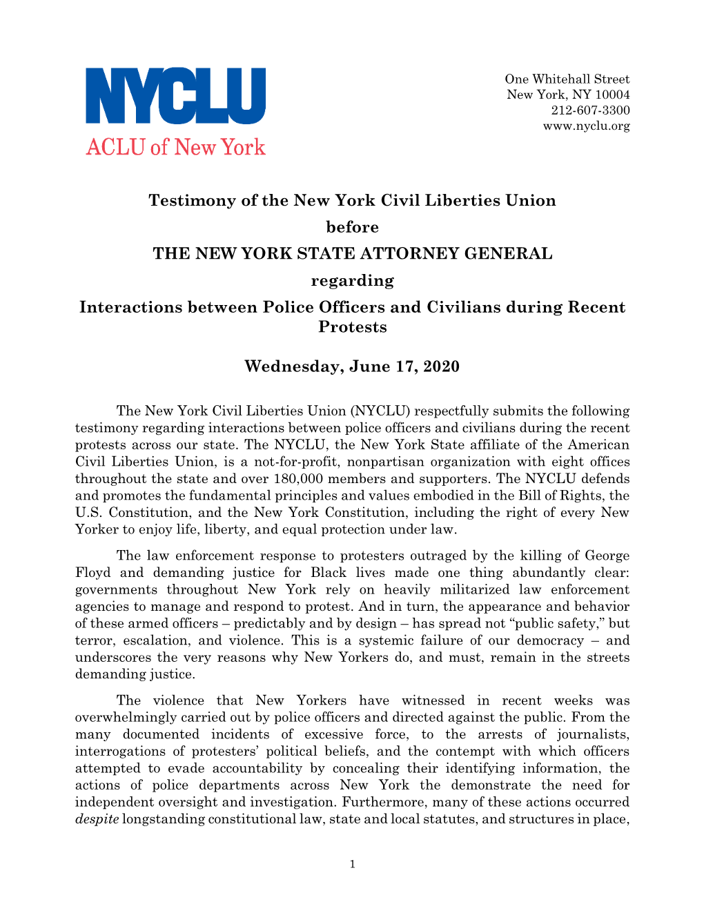 Testimony of the New York Civil Liberties Union Before the NEW