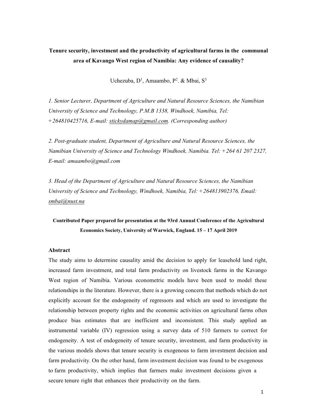 Tenure Security, Investment and the Productivity of Agricultural Farms in the Communal Area of Kavango West Region of Namibia: Any Evidence of Causality?