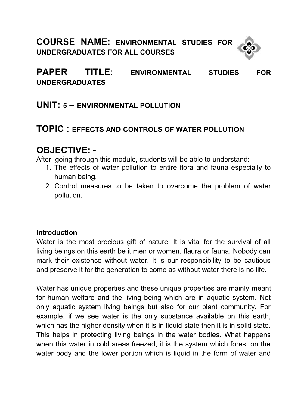 Paper Title: Environmental Studies for Undergraduates