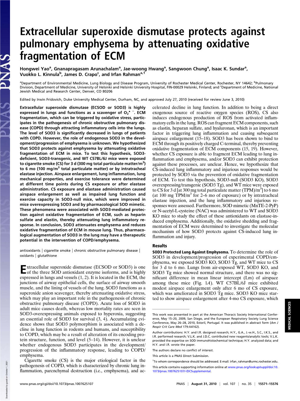 Extracellular Superoxide Dismutase Protects Against Pulmonary Emphysema by Attenuating Oxidative Fragmentation of ECM