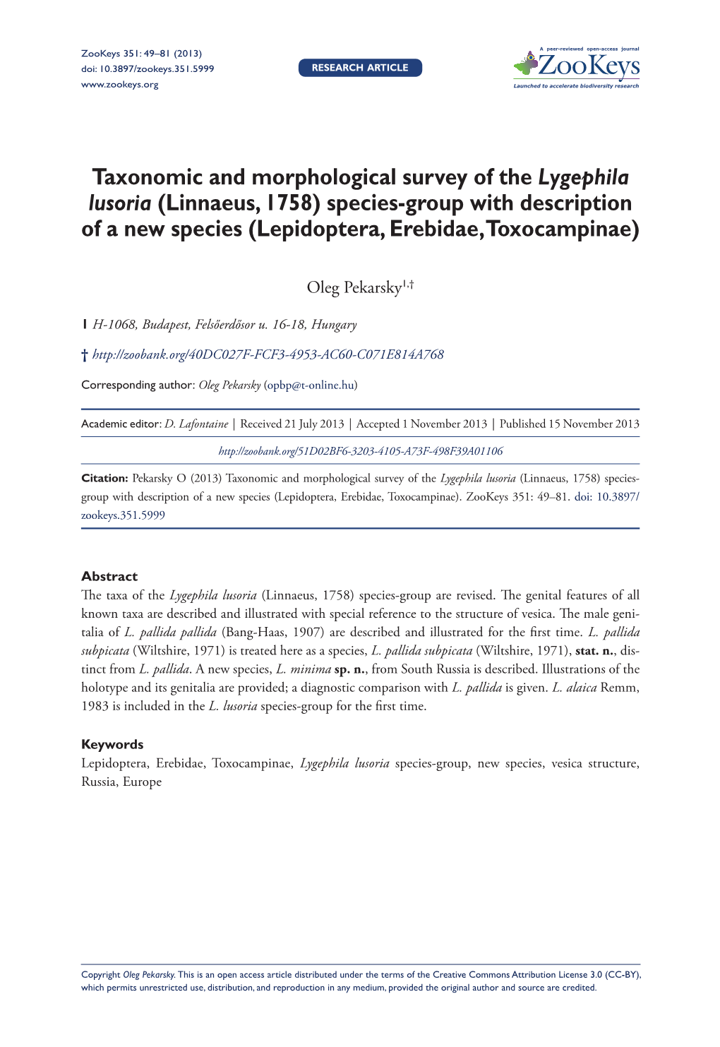 Taxonomic and Morphological Survey of the Lygephila Lusoria (Linnaeus, 1758) Species-Group with Description of a New Species (Lepidoptera, Erebidae, Toxocampinae)