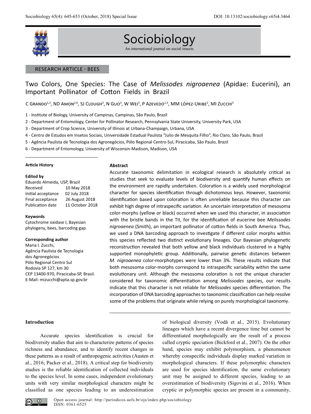 Sociobiology 65(4): 645-653 (October, 2018) Special Issue DOI: 10.13102/Sociobiology.V65i4.3464