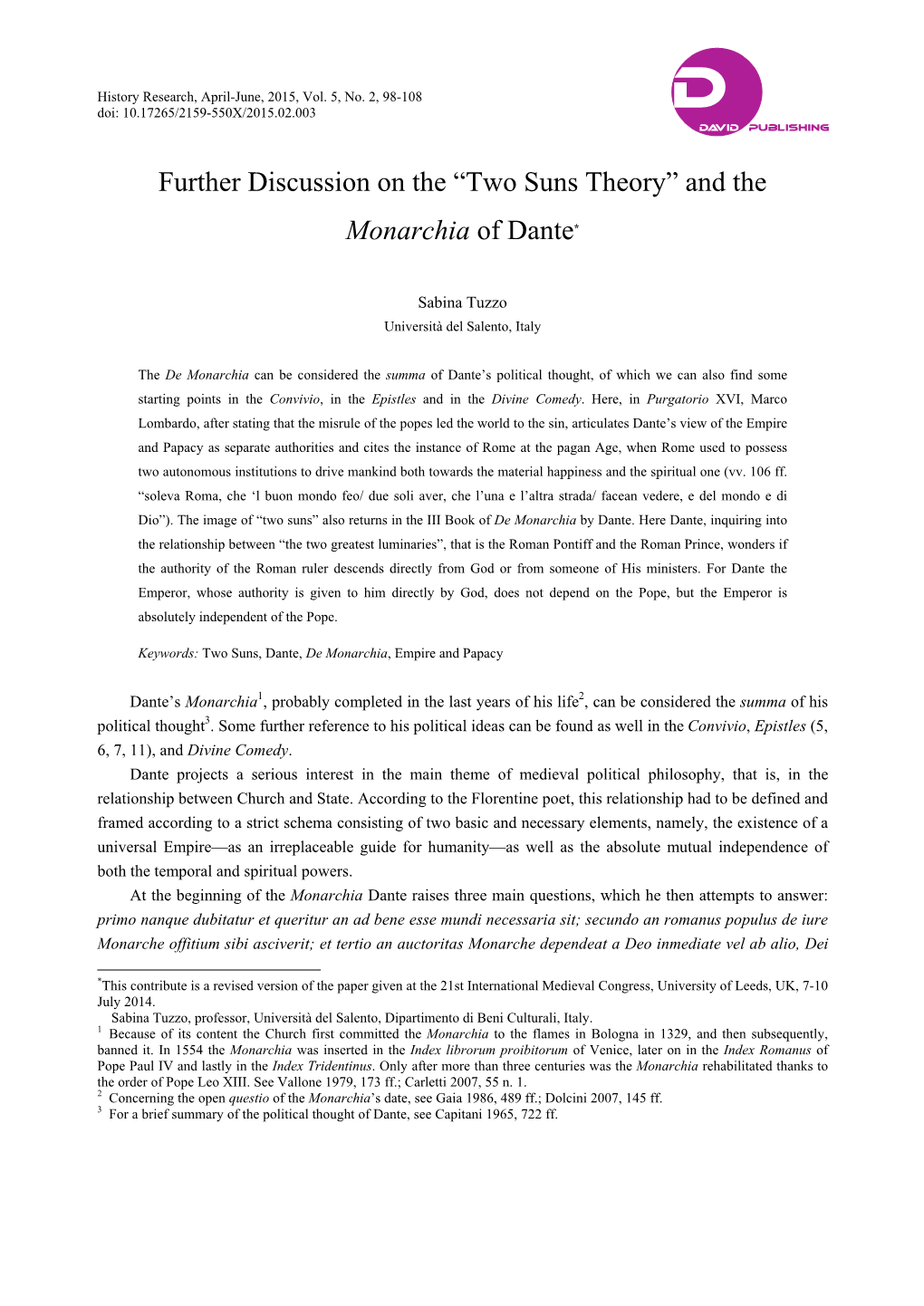 “TWO SUNS THEORY” and the MONARCHIA of DANTE 99 Ministro Seu Vicario4 (1.2.3)