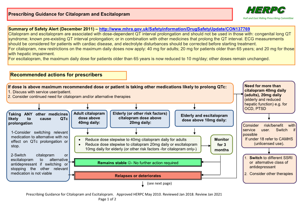 Prescribing Guidance for Citalopram and Escitalopram Hull and East Riding Prescribing Committee