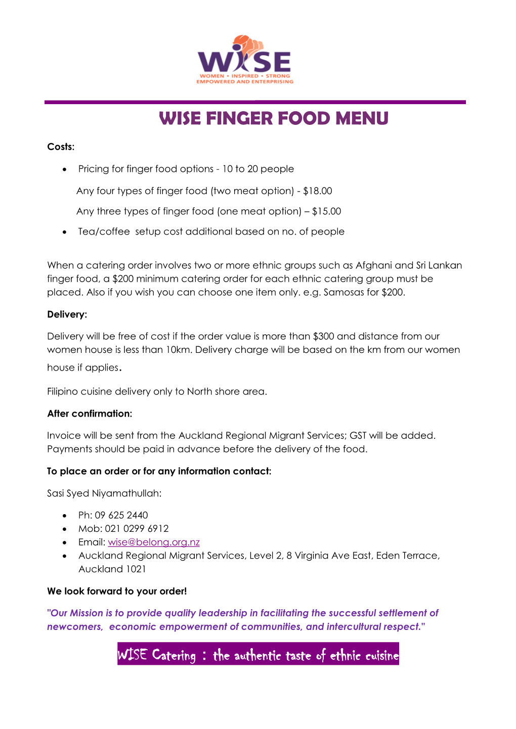 Wise Finger Food Menu