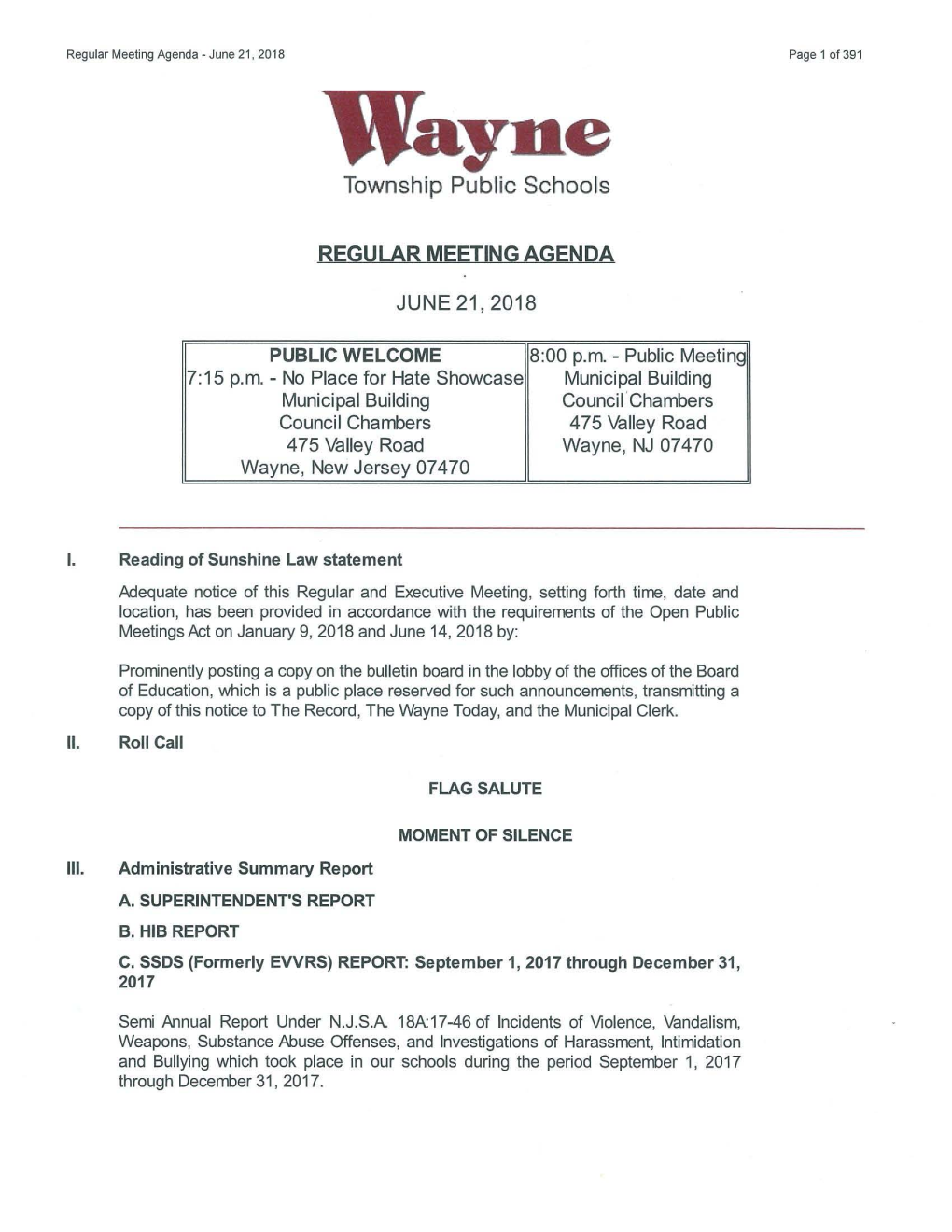 Agenda· June 21 , 2018 Page 1 of 391 Wayne Township Public Schools