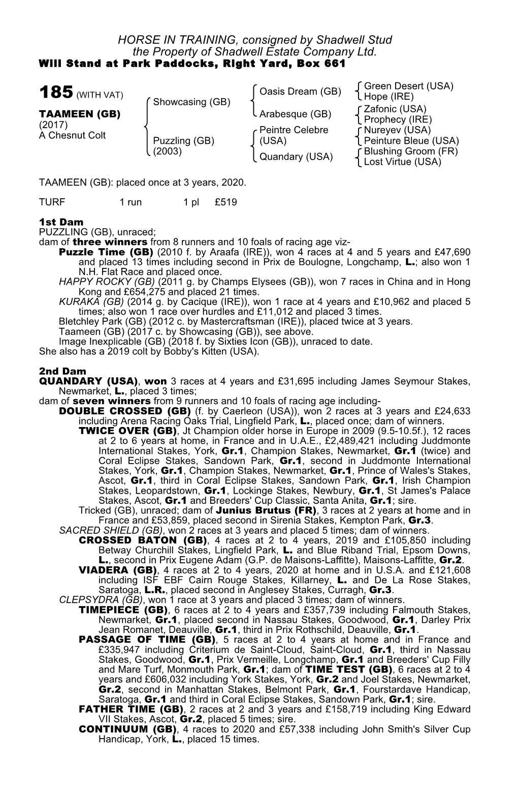 HORSE in TRAINING, Consigned by Shadwell Stud the Property of Shadwell Estate Company Ltd