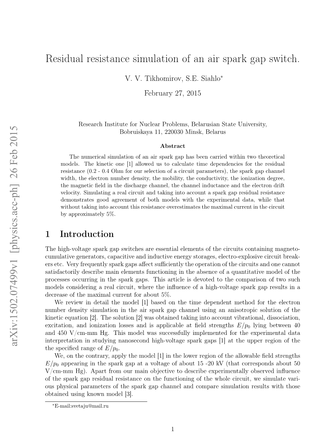 Residual Resistance Simulation of an Air Spark Gap Switch