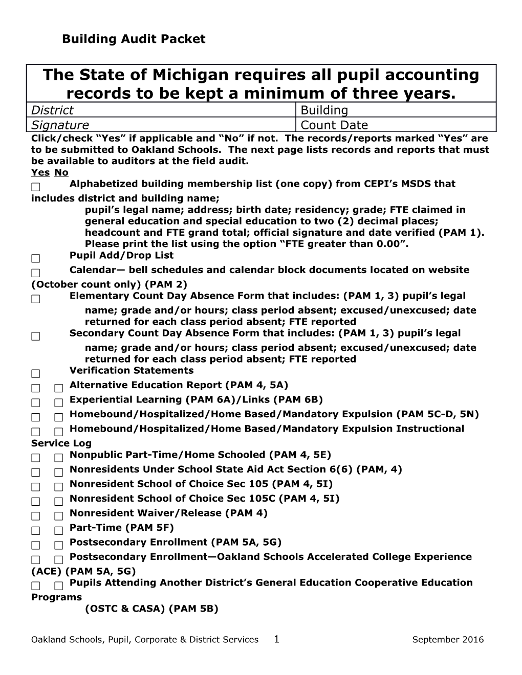 Building Audit Packet