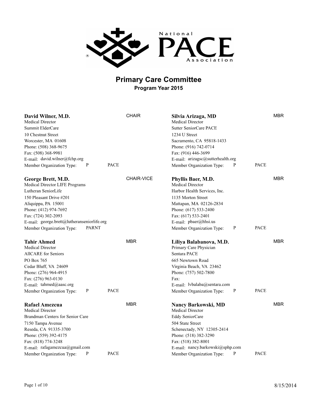 Primary Care Committee Program Year 2015