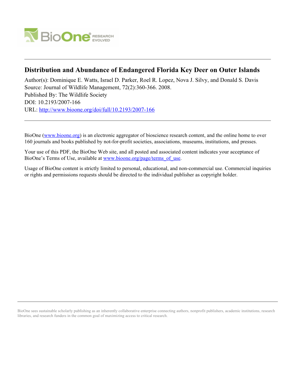 Distribution and Abundance of Endangered Florida Key Deer on Outer Islands Author(S): Dominique E