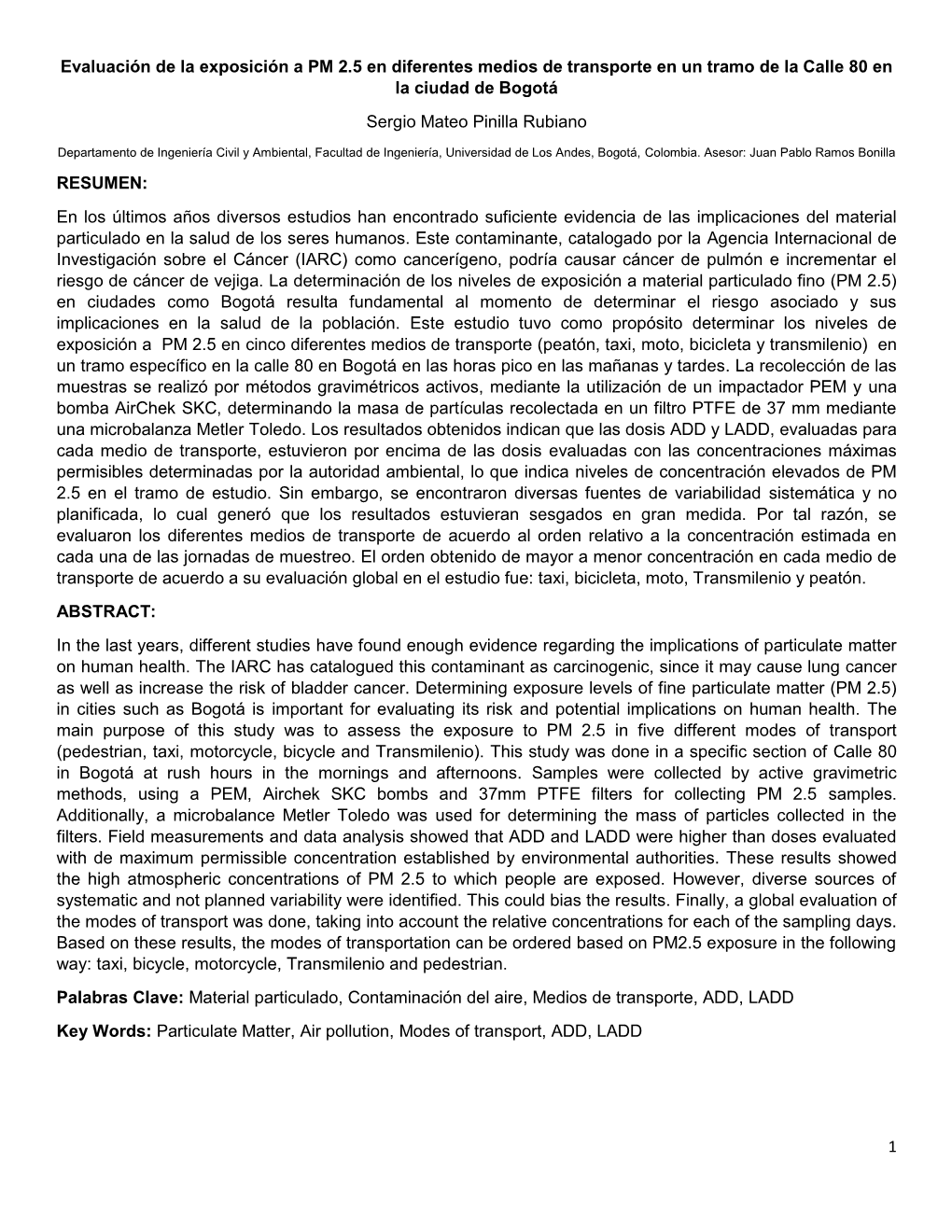 1 Evaluación De La Exposición a PM 2.5 En Diferentes Medios De Transporte En Un Tramo De La Calle 80 En La Ciudad De Bogotá S