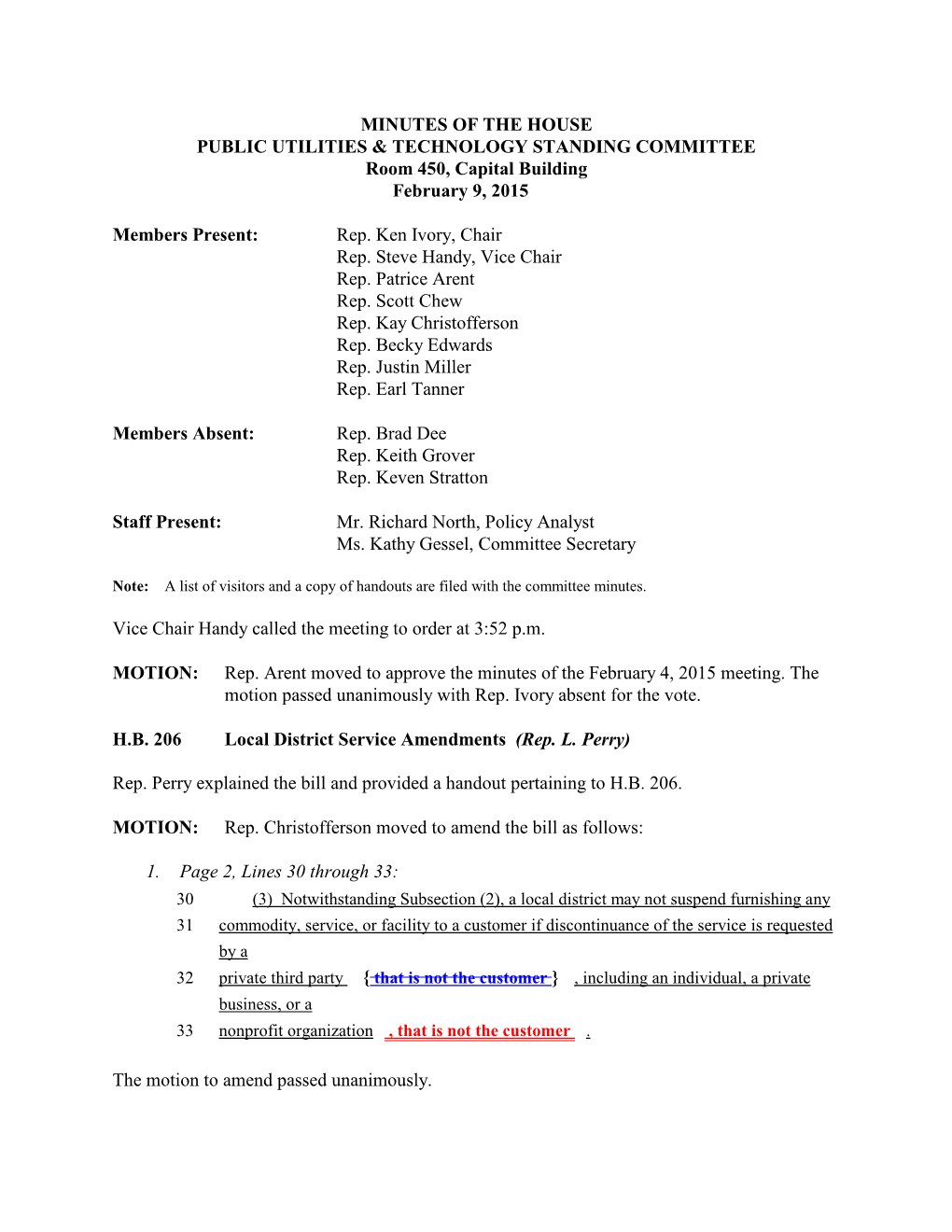 Minutes for House Public Utilities and Technology Committee 02/09