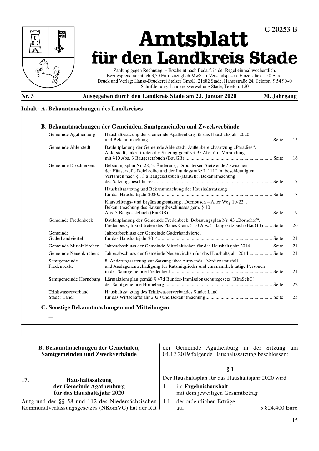 15 B. Bekanntmachungen Der Gemeinden, Samtgemeinden Und