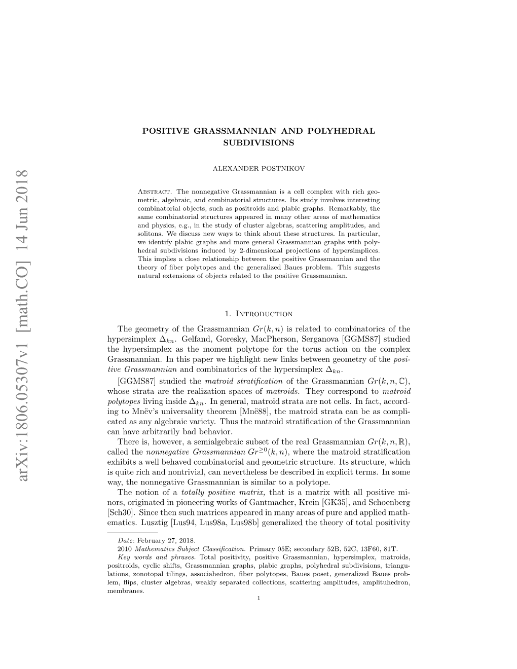 Arxiv:1806.05307V1 [Math.CO] 14 Jun 2018 Way, the Nonnegative Grassmannian Is Similar to a Polytope