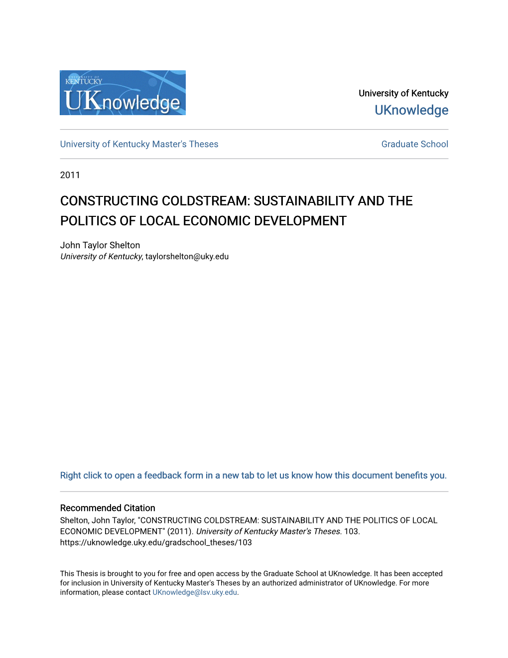 Constructing Coldstream: Sustainability and the Politics of Local Economic Development