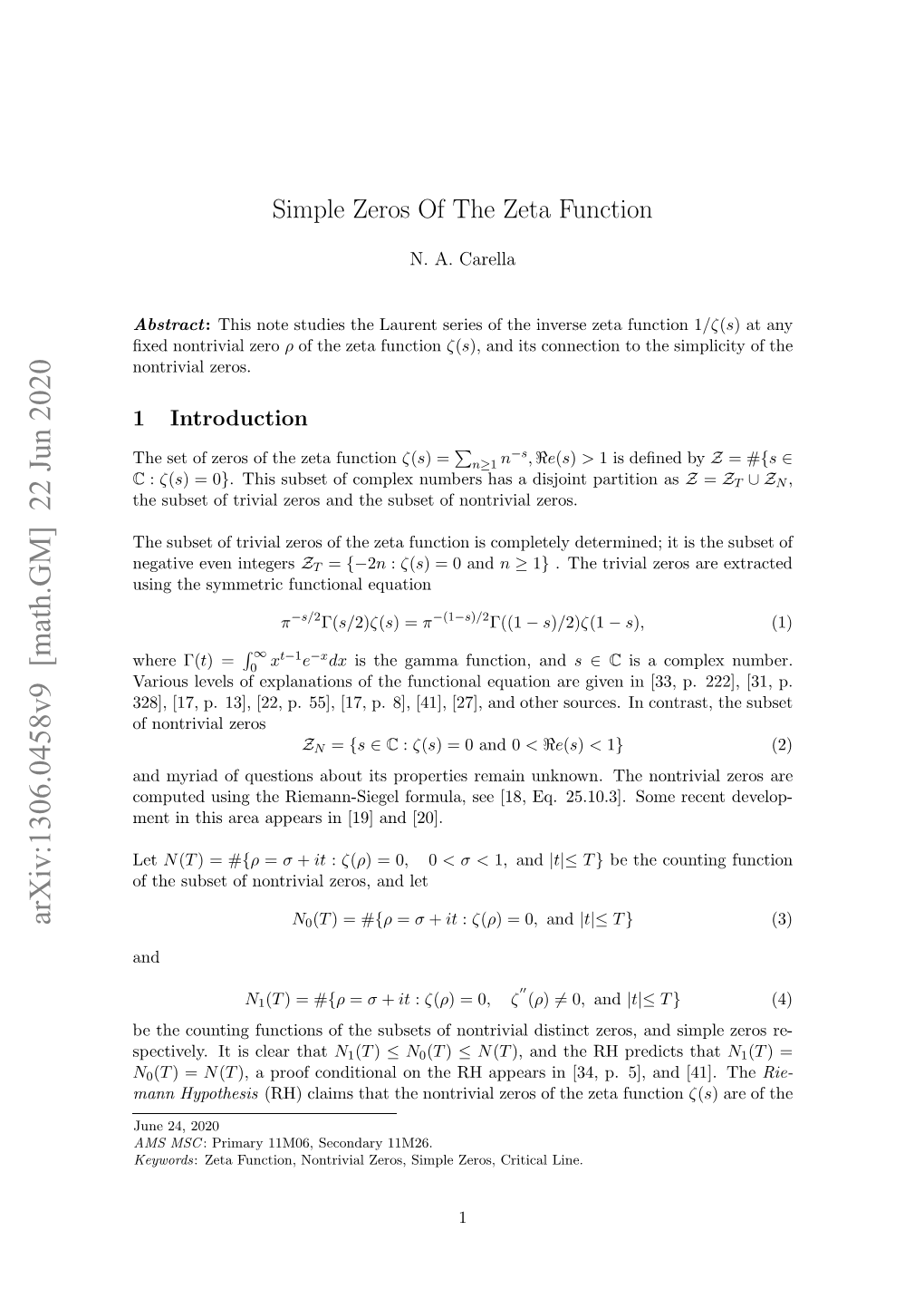 Simple Zeros of the Zeta Function 2 Form Ρ, T R