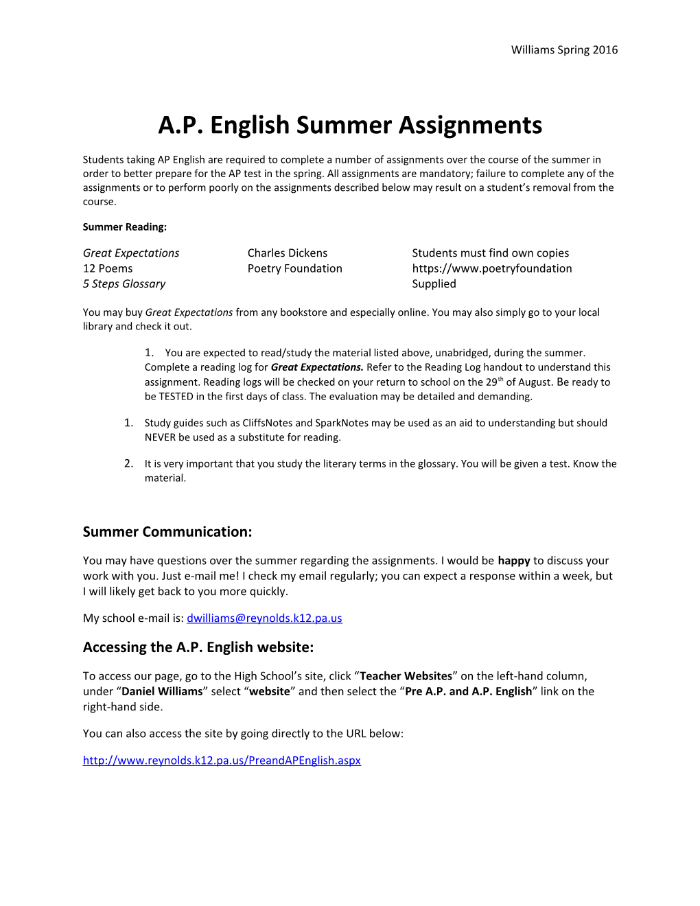 A.P. English Summer Assignments