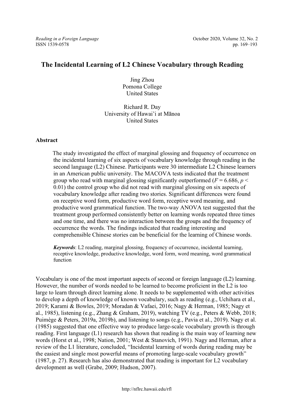 The Incidental Learning of L2 Chinese Vocabulary Through Reading