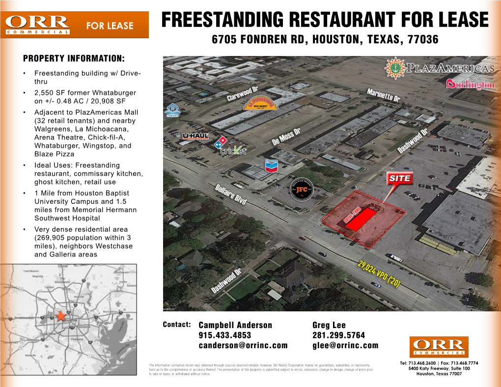 Freestanding Restaurant for Lease 6705 Fondren Rd, Houston, Texas, 77036 Property Information