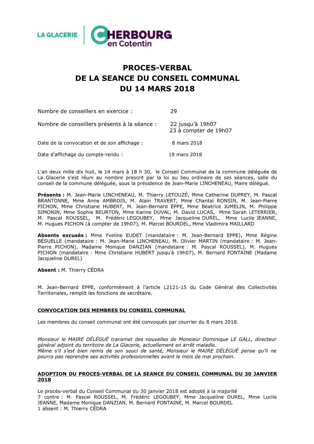 Proces-Verbal De La Seance Du Conseil Communal Du 14 Mars 2018