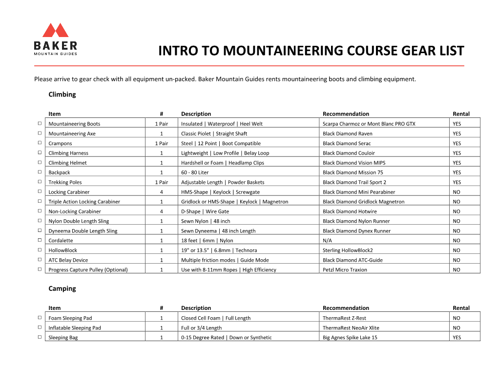 Intro to Mountaineering Course Gear List
