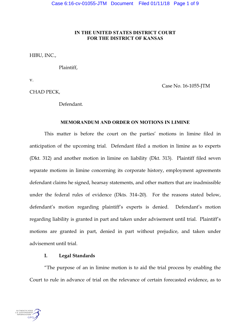 Case 6:16-Cv-01055-JTM Document Filed 01/11/18 Page 1 of 9