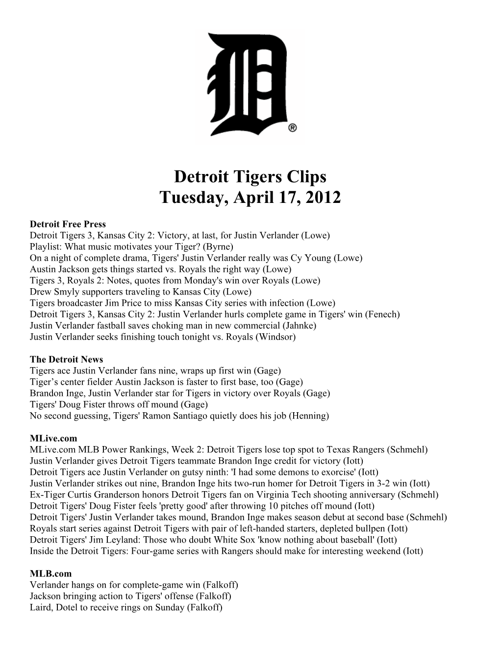 Detroit Tigers Clips Tuesday, April 17, 2012