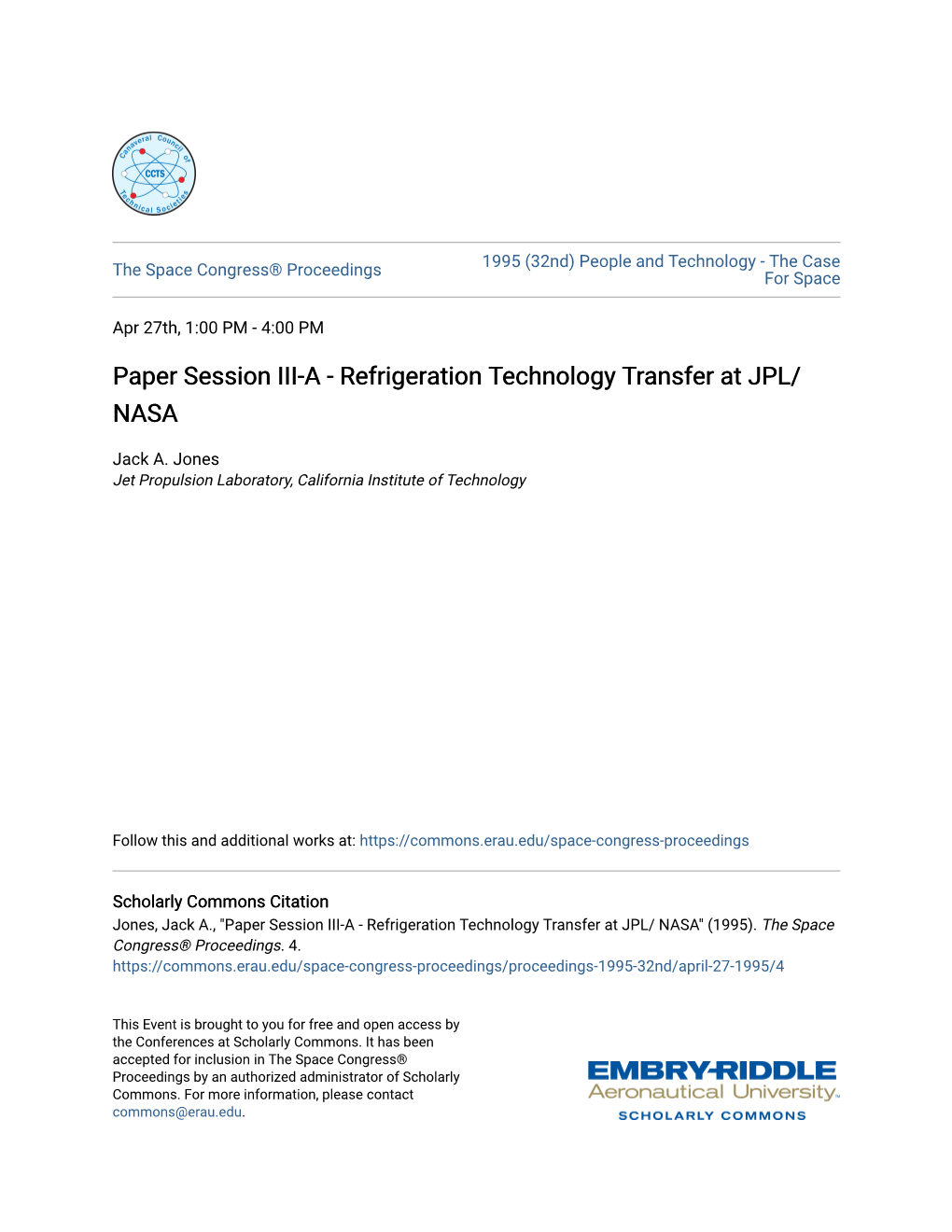 Paper Session III-A - Refrigeration Technology Transfer at JPL/ NASA