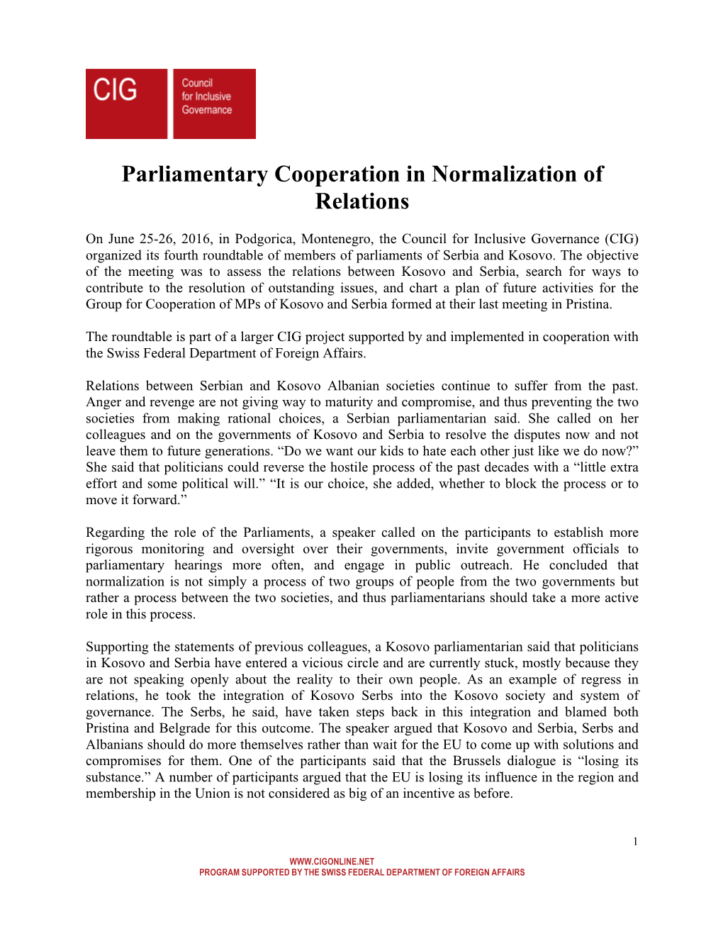 Parliamentary Cooperation in Normalization of Relations