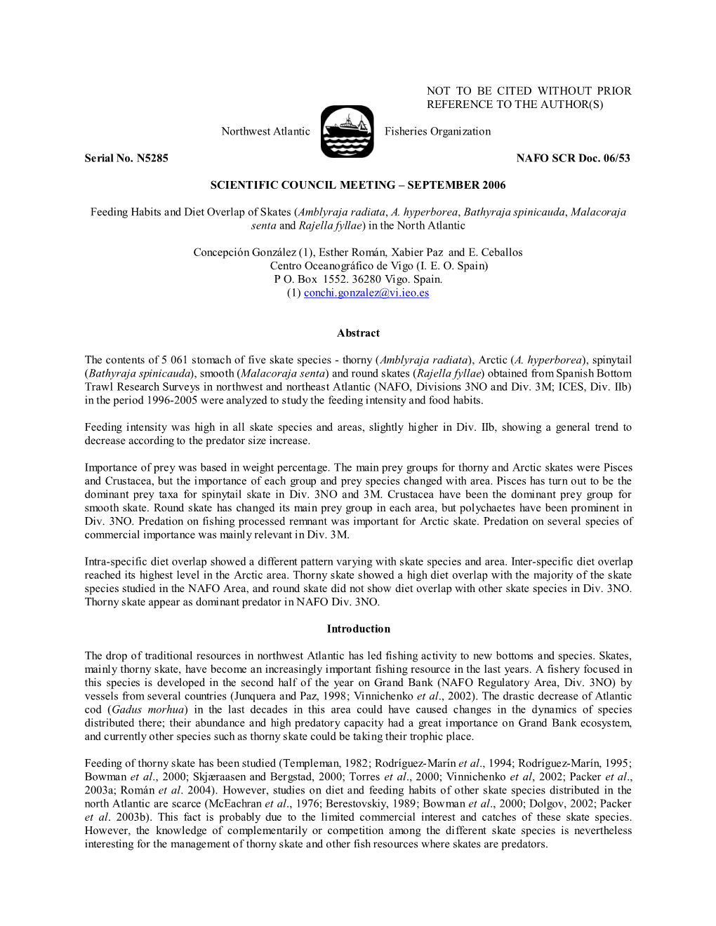 Feeding Habits and Diet Overlap of Skates (Amblyraja Radiata, A